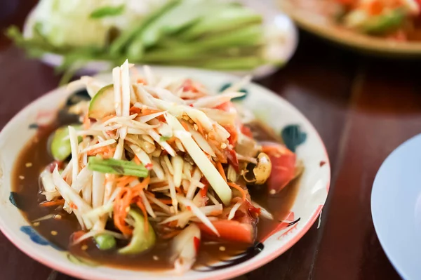 Salada Mamão Verde Tailandesa Que Também Conhecida Como Som Tam — Fotografia de Stock
