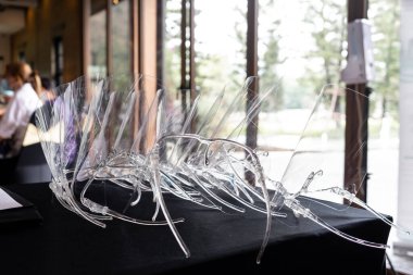 Birkaç yüz kalkanı siyah masanın üstüne istiflenmiş. Asayı mikroplardan korumak için tahsis edilmiş.