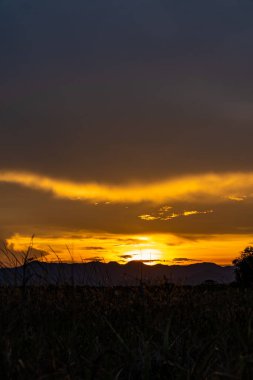 Güneşten gelen altın ışıkta, dağın arkasına bir bakış açısı..