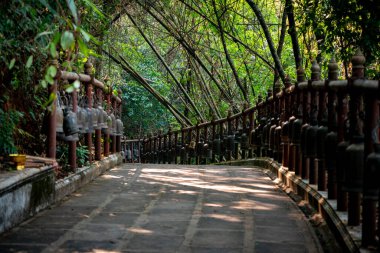 Orman çevresinde ve yanında metal çanlar olan yürüyüş yolu, Wat Phra Doi Tung Tapınağı, Chiang Rai Eyaleti, Tayland 'ın kuzeyi.