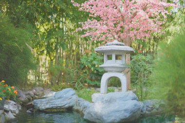 Japon bahçe stili yansıma buharı ve Japon rock fenerinin arkasındaki yapay Sakura çiçeği..