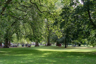 Londra, İngiltere - 10 Temmuz 2023, St James Park 'ın geniş, sakin manzarası yeşil ağaçlar ve güzel bir çim gösteriyor, rahatlatıcı. Kentsel parkların, eko turizmin ve açık hava faaliyetlerinin tanıtımı için ideal