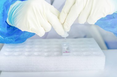 Asyalı tıbbi personellerin lastik eldivenlerine yaklaştıkça koronavirüs ya da kovid 19 testi negatif oda basıncında yapılıyor..