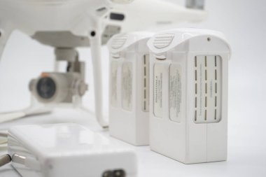 Bangkok, Thailand - 26 Mar 2022, The Battery Model for Phantom 4 Pro in Thailand on White Background, it is ready for resale on the internet channel.