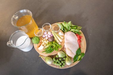 Sahne malzemelerinden oluşan yassı masa, Tavuk Yeşil Köri ve İçindekiler, sarımsak, arpacık soğanı, galangal, limon otu, fesleğen, bergamot, Tayland patlıcan.