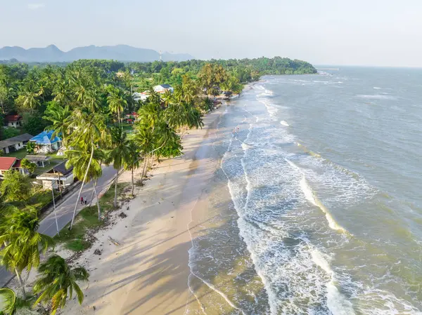 Palmiye ağaçları, ince kum ve köpük dalgalarıyla berrak gökyüzünün ariel görüntüsü Chumphon, Tayland 'daki sakin plajlara sıçradı..