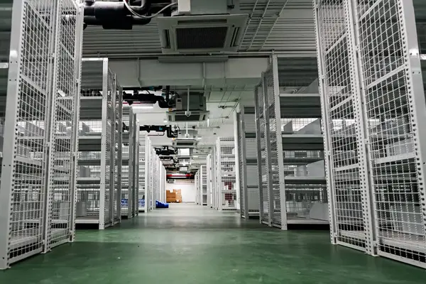 Yeşil zemin olan bir depoda beyaz raflar dizilmiş. Ayrıca mükemmel bir güvenlik sistemi var..