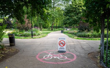 Ortasında bisiklet işareti olmayan park yolu. Etrafı yeşil ağaçlarla çevrili çiçekler ve yürüyüş alanı.