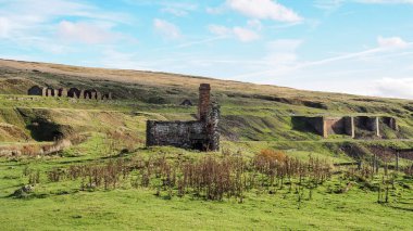 Yoksul madencilerin kulübeleri, binaları Rosedale Demiryolu 'ndaki Doğu Rosedale madenleri fırınlarının kalıntıları, Kuzey York Moors Ulusal Parkı, İngiltere