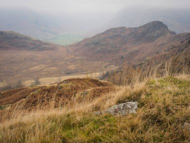Lingmoor Fell, Lake District, İngiltere 'den inen Side Pike ve Great Langdale Vadisi' ne bakın.