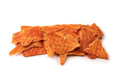 A group of tasty beer snacks. Dehydrated chicken meat slices. 