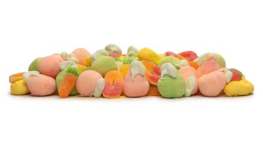 Mix of jelly colorful candys and marshmallows isolated on a white background. 