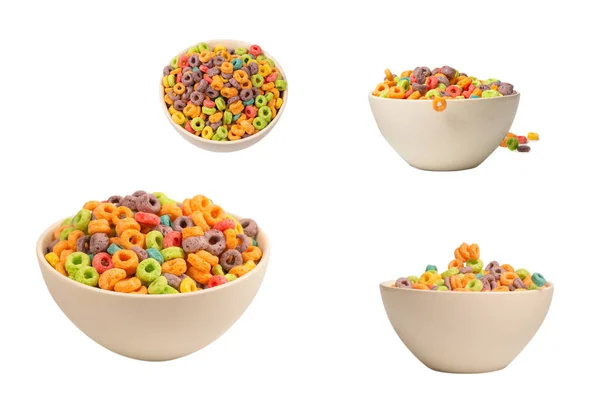 Colorida Caja Cereales Para Desayuno Mañana Copos Maíz Cayendo Tazón —  Fotos de Stock