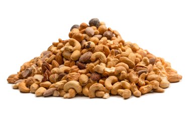 Lezzetli tuzlu fındık karışımı. Bir grup badem, fıstık, ceviz, macadamia, kaju..