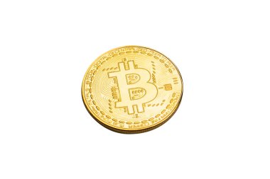 Beyaz arka planda izole edilmiş bir bitcoin. Üst görünüm. 