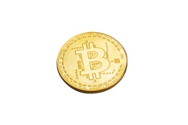 Beyaz arka planda izole edilmiş bir bitcoin. Üst görünüm. 