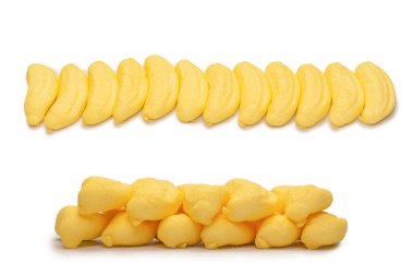 Yellow banana marshmallow candy isolated on a white background.