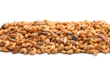 Lezzetli tuzlu fındık karışımı. Bir grup badem, fıstık, ceviz, macadamia, kaju..