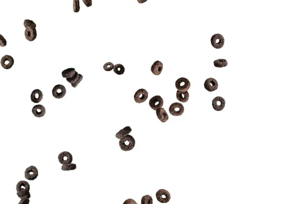 Chocolate Rings Cereal Spill Out Bowl Breakfast Isolated White Background — Stock Photo, Image
