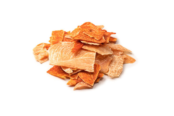 A group of tasty beer snacks. Dehydrated chicken meat slices. 