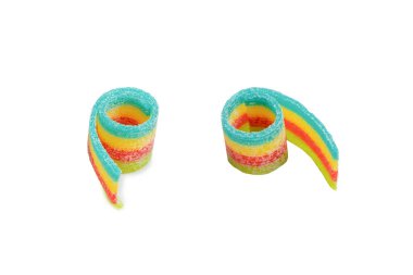 Renkli sakızlı şekerler. Üst Manzara. Jöleli çörekler. Jelibon. Beyaz bir arkaplanda izole edilmiş. 