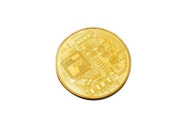 Beyaz arka planda izole edilmiş bir bitcoin. Üst görünüm. 