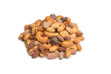 Lezzetli tuzlu fındık karışımı. Bir grup badem, fıstık, ceviz, macadamia, kaju..
