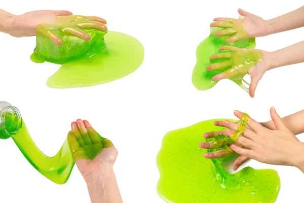 白い上に隔離された女性の手の中に緑の粘菌 トップ表示 — ストック写真