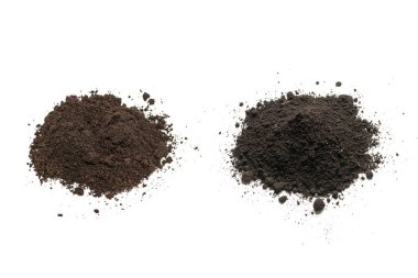 Beyaz arka planda izole edilmiş bitkiler için kara toprak. Yer deseni.