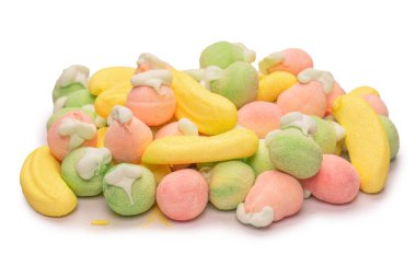 Mix of jelly colorful candys and marshmallows isolated on a white background. 