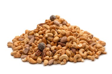 Lezzetli tuzlu fındık karışımı. Bir grup badem, fıstık, ceviz, macadamia, kaju..