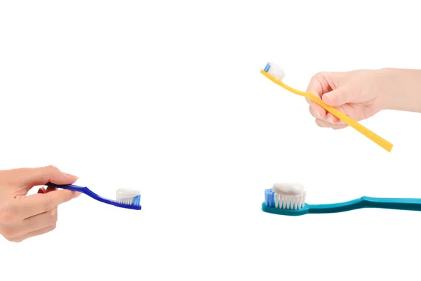 Жінка Тримає Зубну Щітку Зубною Пастою Руці Ізольовано Білому Тлі — стокове фото