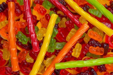 Renkli sakızlı şekerler. Üst Manzara. Jöleli çörekler. Jöle ayılar.  