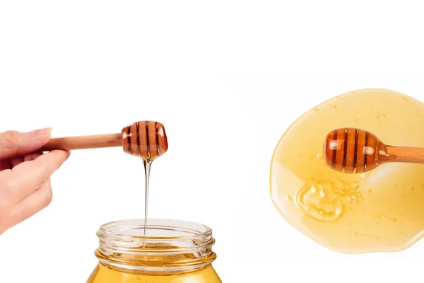 Dipper Mit Honig Frauenhand Raum Für Text Oder Gestaltung — Stockfoto