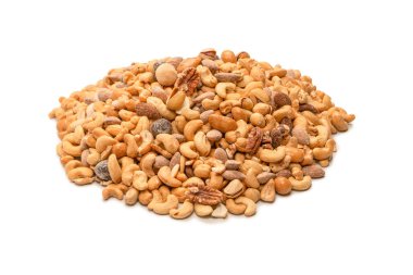 Lezzetli tuzlu fındık karışımı. Bir grup badem, fıstık, ceviz, macadamia, kaju..