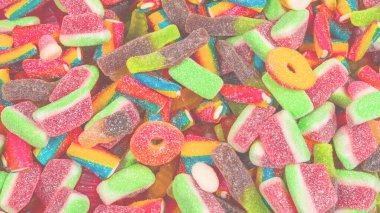 Lezzetli jelibon şekerler. Üst Manzara. Jöle tatlısı arka planı. 