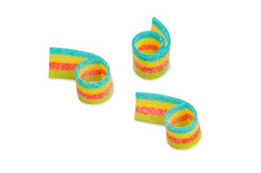 Renkli sakızlı şekerler. Üst Manzara. Jöleli çörekler. Jelibon. Beyaz bir arkaplanda izole edilmiş. 