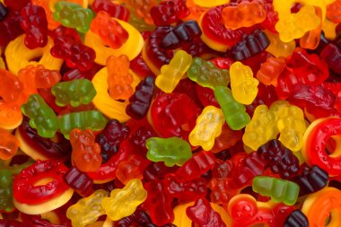 Renkli sakızlı şekerler. Üst Manzara. Jöleli çörekler. Jöle ayılar.  