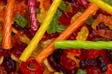 Renkli sakızlı şekerler. Üst Manzara. Jöleli çörekler. Jöle ayılar.  