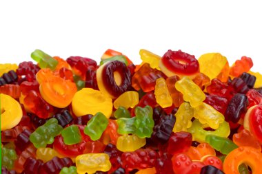 Renkli sakızlı şekerler. Üst Manzara. Jöleli çörekler. Jelibon. Beyaz bir arkaplanda izole edilmiş. 