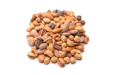 Lezzetli tuzlu fındık karışımı. Bir grup badem, fıstık, ceviz, macadamia, kaju..