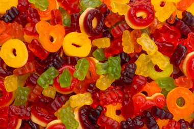 Renkli sakızlı şekerler. Üst Manzara. Jöleli çörekler. Jöle ayılar.  