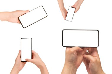 Beyaz arka planda izole edilmiş kadınlarda akıllı telefon. Beyaz perde. Boşluğu kopyala.