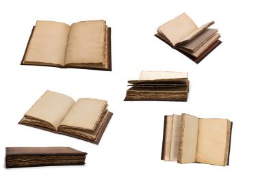 Beyaz bir arkaplanda izole edilmiş boş eski bir defter. Boşluğu kopyala.  