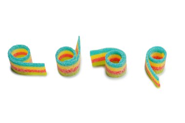 Renkli sakızlı şekerler. Üst Manzara. Jöleli çörekler. Jelibon. Beyaz bir arkaplanda izole edilmiş. 