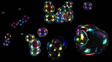 Sabun köpükleri siyah arka planda izole edilmiş. Boşluğu kopyala. 