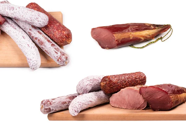 Various of meat, smoked meat, sausage, salami isolated on a white background.