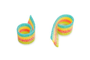 Renkli sakızlı şekerler. Üst Manzara. Jöleli çörekler. Jelibon. Beyaz bir arkaplanda izole edilmiş. 