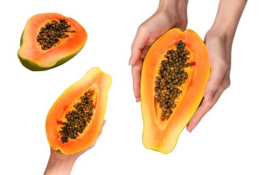 Papaya meyvesi beyaz arka planda izole edilmiş. Tropik meyve. Yarı papaya. Üst görünüm. 