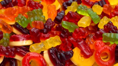 Renkli sakızlı şekerler. Üst Manzara. Jöleli çörekler. Jöle ayılar.  